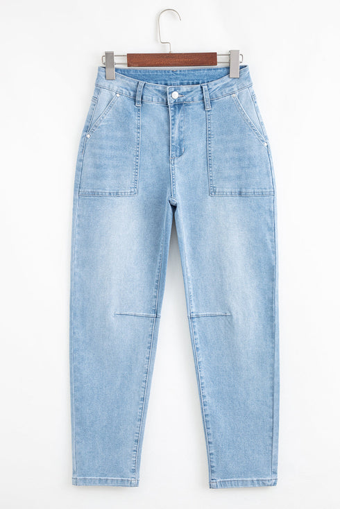 High Rise Barrel Leg Relaxed Fit Utility Patch Pocket Stretch Jeans